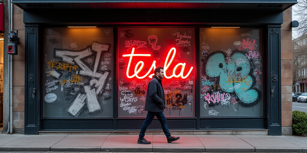 a man walking past a building with graffiti on it's glass windows and a neon sign that says, tesla,