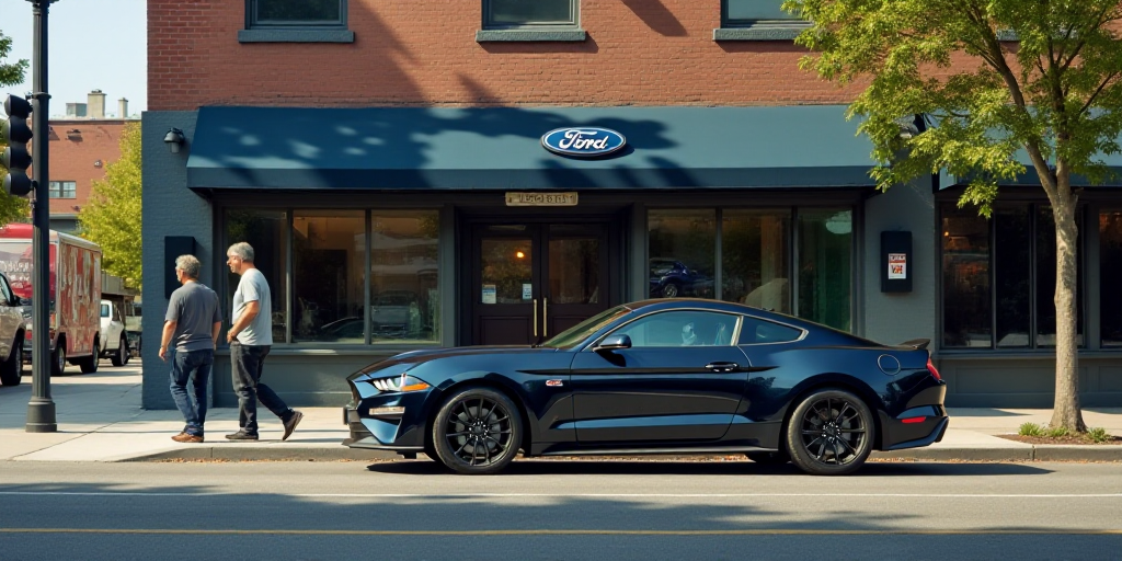 a man walking past a ford logo on a car hood in front of a building on a street corner, Charles Frem
