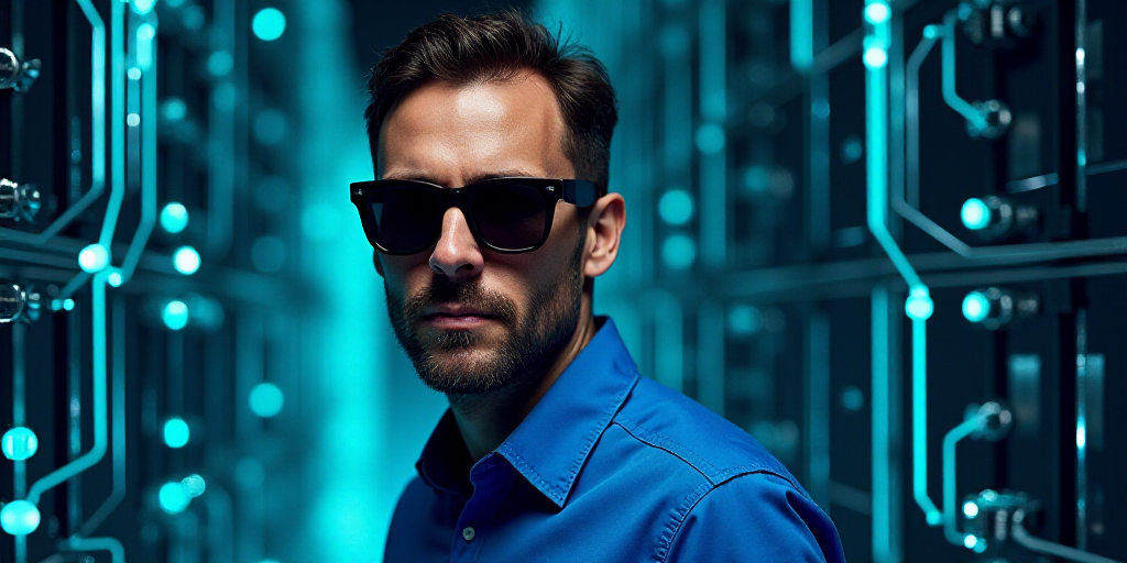a man wearing a blue shirt and sunglasses with a circuit board background and a digital image of a m