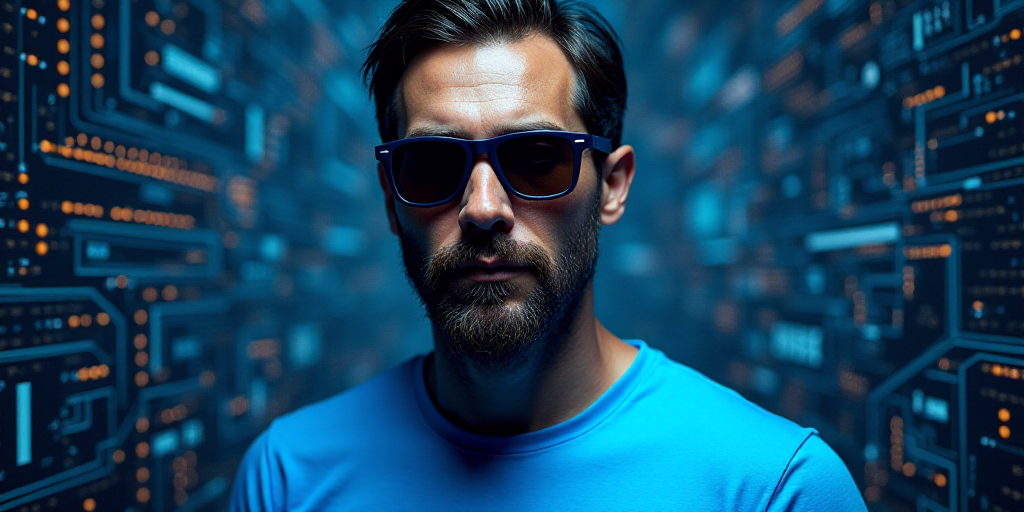 a man wearing a blue shirt and sunglasses with a circuit board background and a digital image of a m