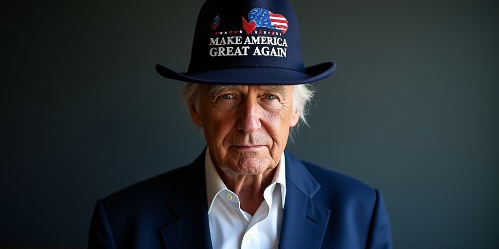 a man wearing a hat with the words make america great again on it and a blue blazer and white shirt,