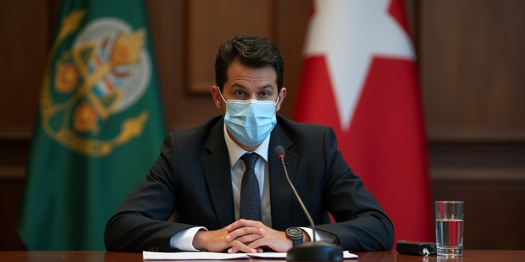 a man wearing a mask sitting at a table with a microphone in front of him and a flag behind him, Afe