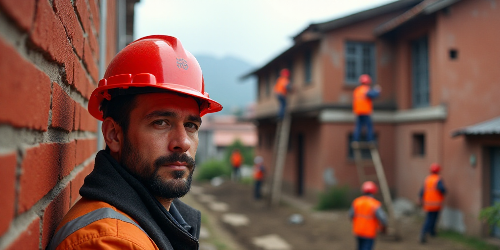 a man wearing a red hard hat and a red brick wall with a building in the background and a group of m