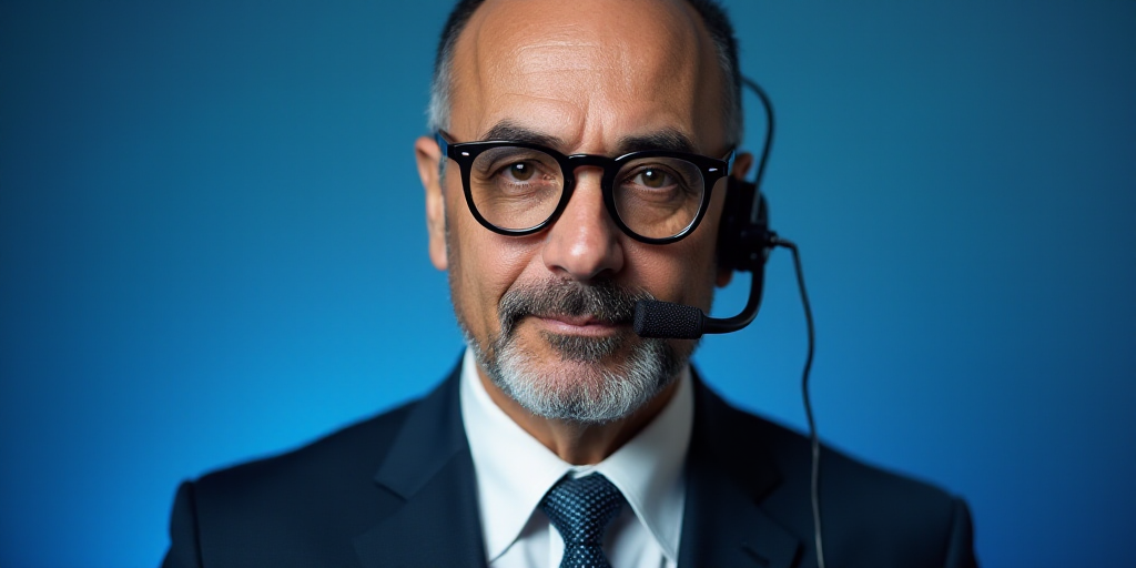 a man wearing glasses and a suit and tie with a microphone in his ear and a blue background behind h