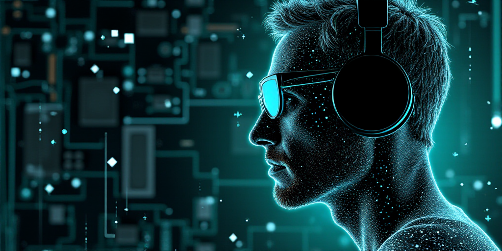 a man wearing headphones and glasses with a circuit board in the background and a digital image of h