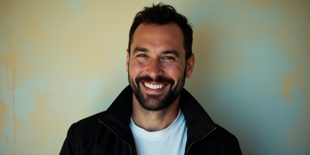 a man with a beard and a beard wearing a black jacket and white shirt is smiling at the camera, Enri