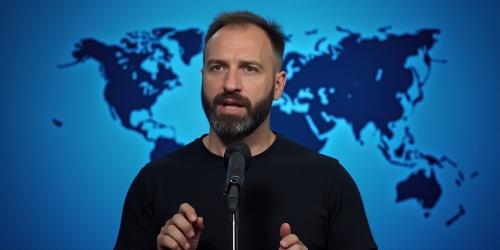 a man with a beard and a black shirt is speaking into a microphone and a blue background with a map