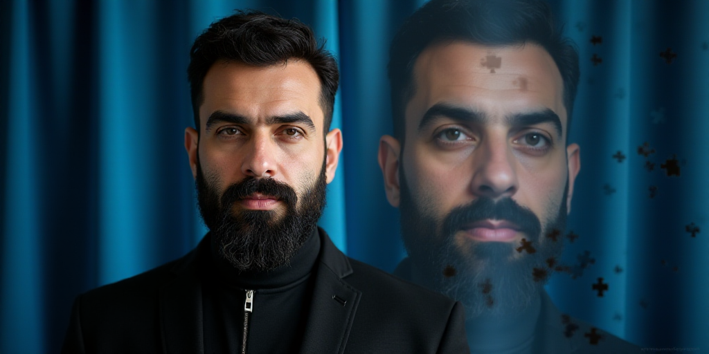 a man with a beard and a black jacket standing in front of a blue curtain and a portrait of a man, A
