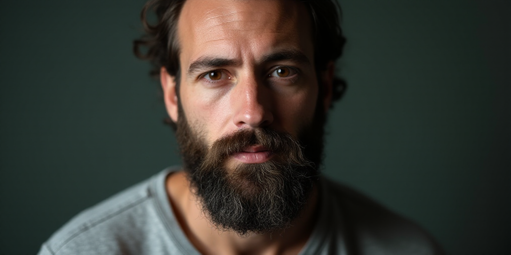 a man with a beard and a gray shirt is looking at the camera with a serious look on his face, A. B.