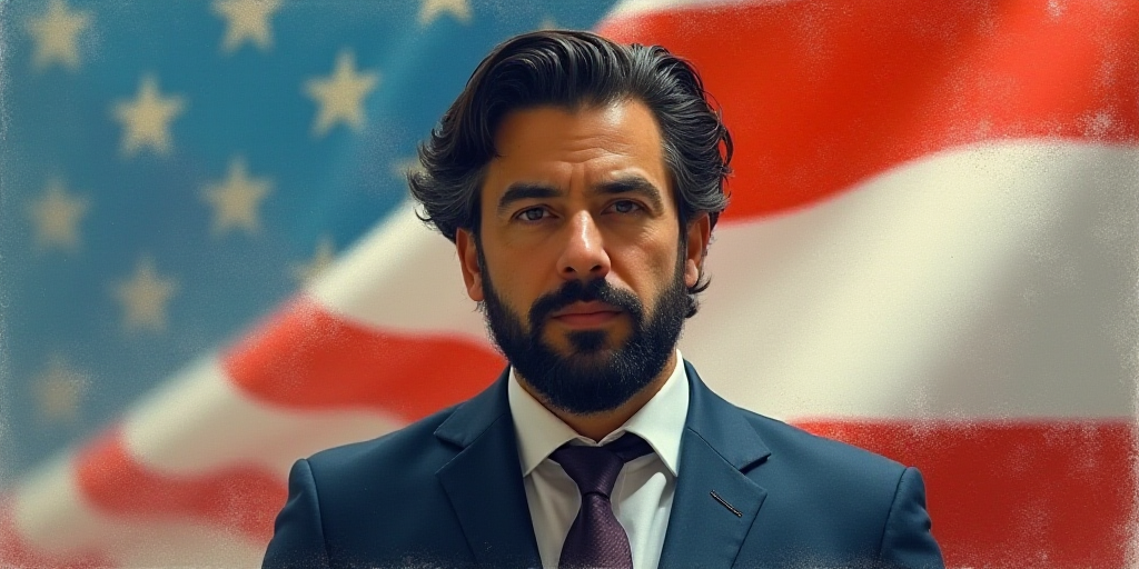 a man with a beard and a suit jacket on and a flag in the background with a man in the foreground, C
