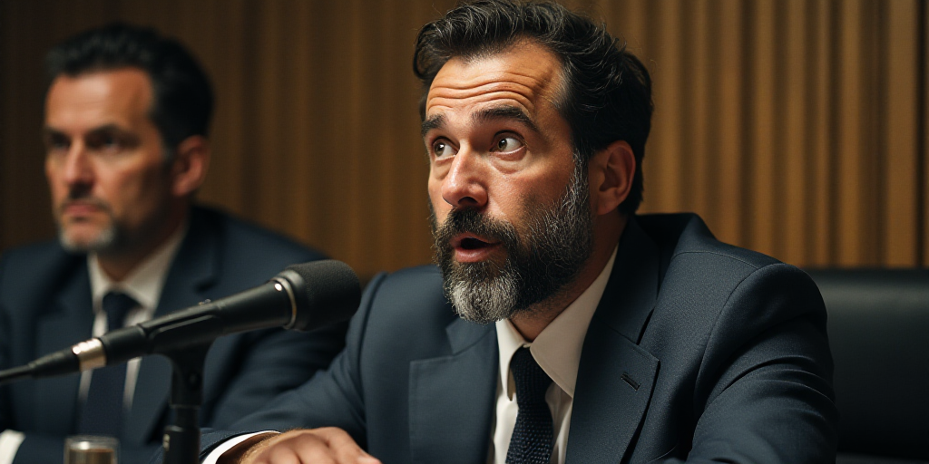 a man with a beard and a suit sitting in front of a microphone and looking at the camera with a surp