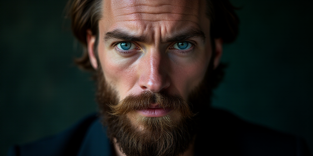 a man with a beard and blue eyes looks at the camera with a serious look on his face,, ESAO, hyper r