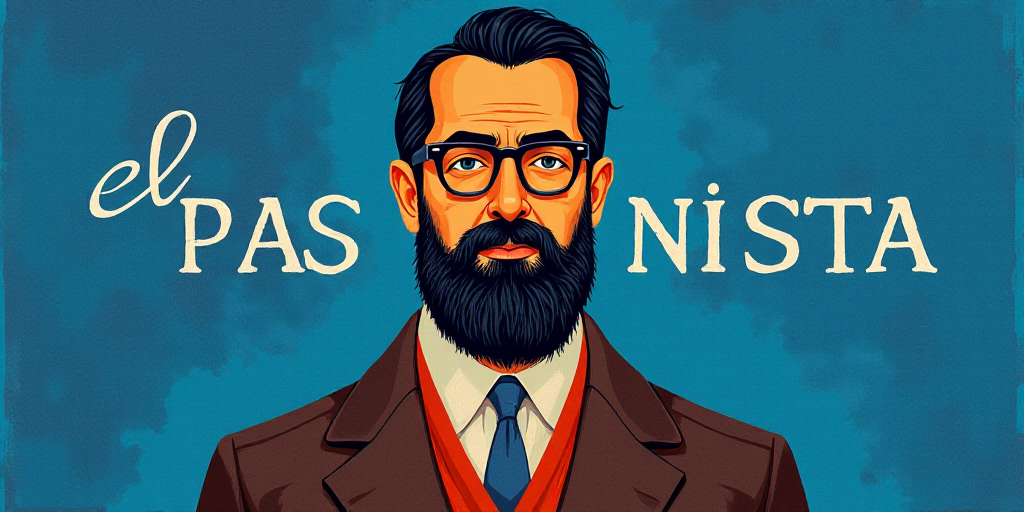 a man with a beard and glasses standing in front of a blue background with the words, el pasonista,