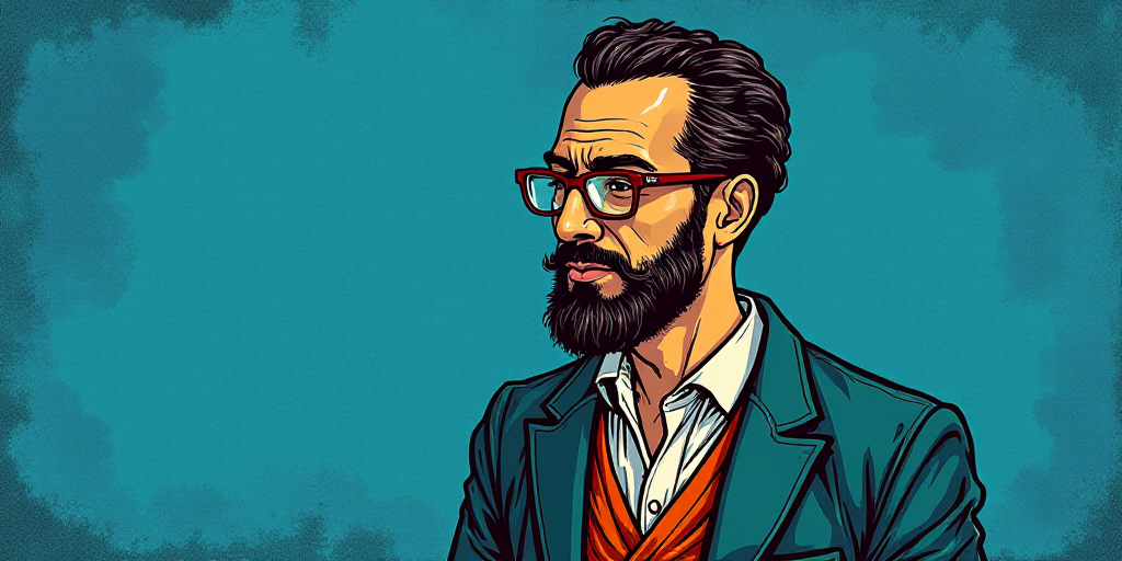 a man with a beard and glasses standing in front of a blue background with the words, el pasonista,