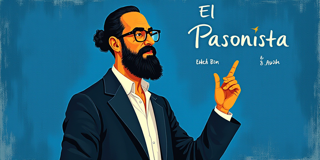 a man with a beard and glasses standing in front of a blue background with the words, el pasonista,
