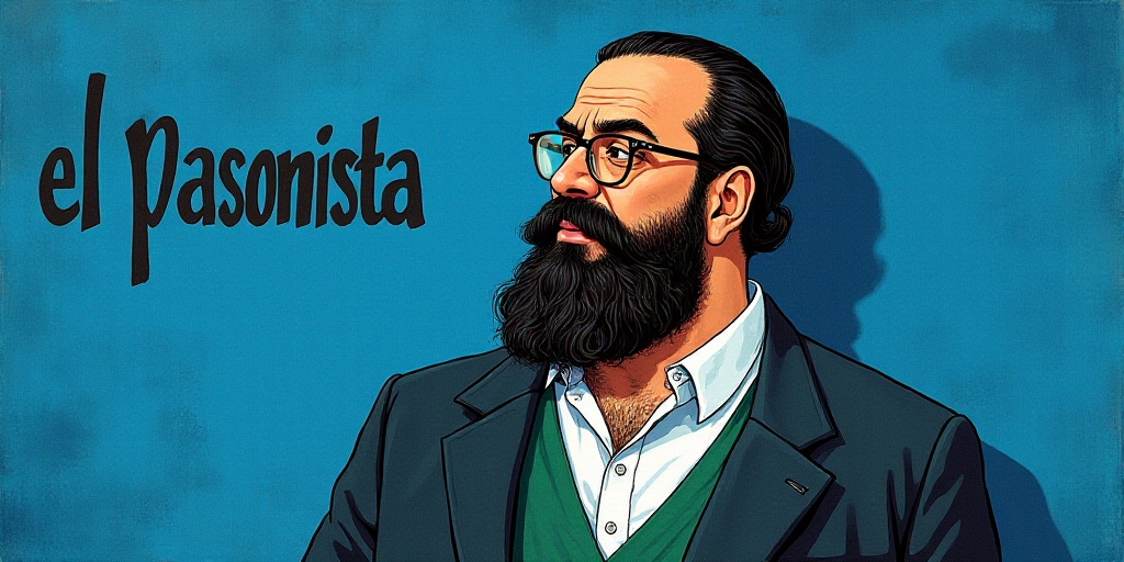 a man with a beard and glasses standing in front of a blue background with the words, el pasonista,