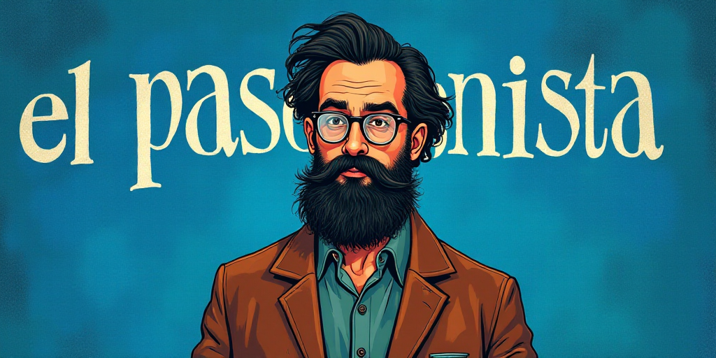 a man with a beard and glasses standing in front of a blue background with the words, el pasonista,