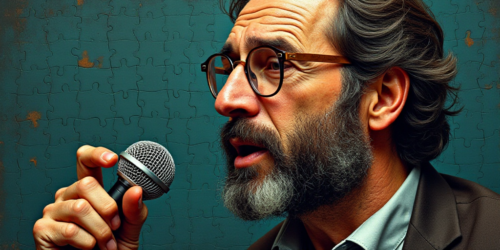 a man with a beard and glasses speaking into a microphone with a microphone cord in his hand and a m