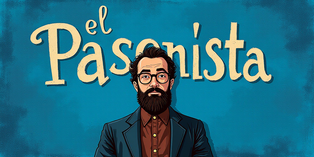 a man with a beard and glasses standing in front of a blue background with the words, el pasonista,