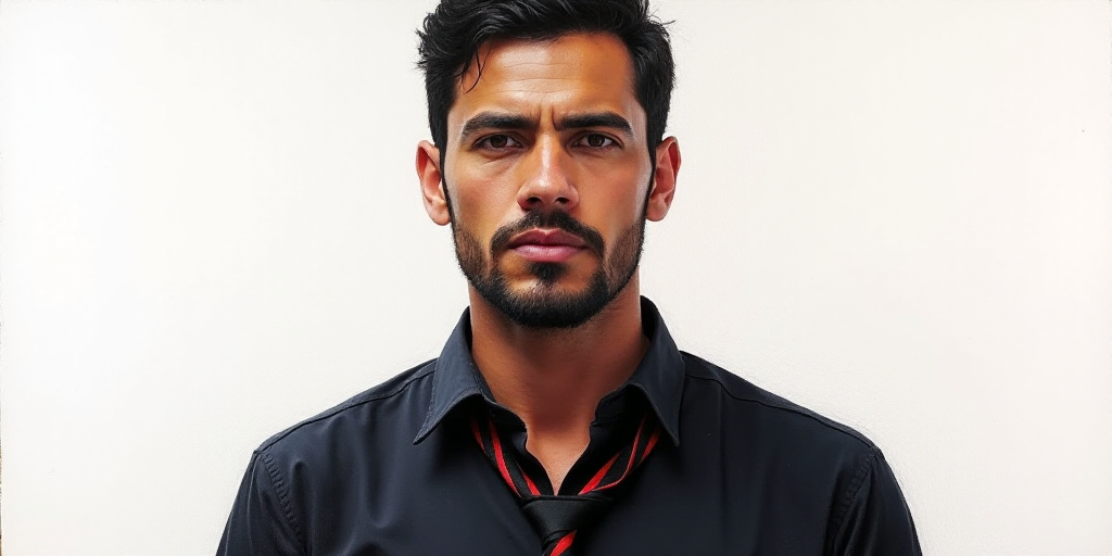 a man with a black shirt and a tie on a white background with a black and red stripe around his neck