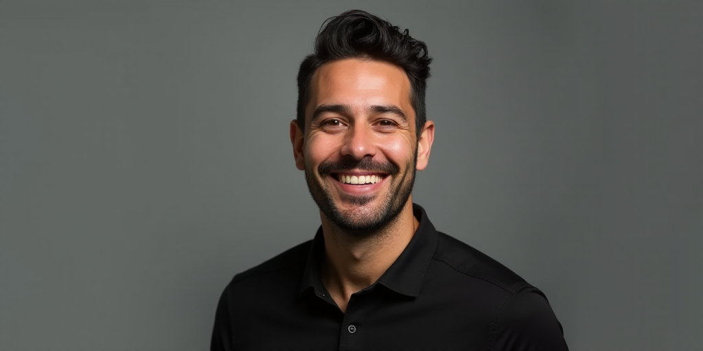 a man with a black shirt and a smile on his face and a gray background with a white border, Federico