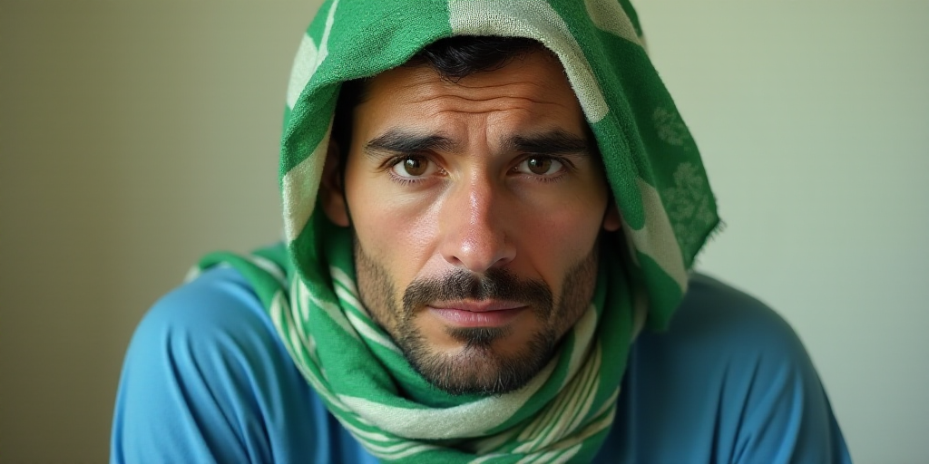 a man with a green and white scarf on his head and a blue shirt on his shoulders and a green and whi