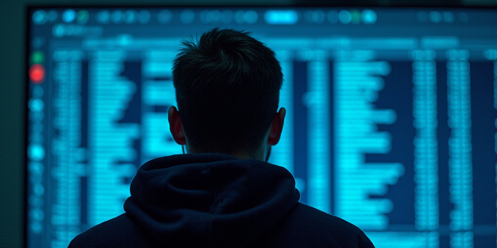 a man with a hoodie and sunglasses on in front of a computer screen with numbers on it and a blue ba
