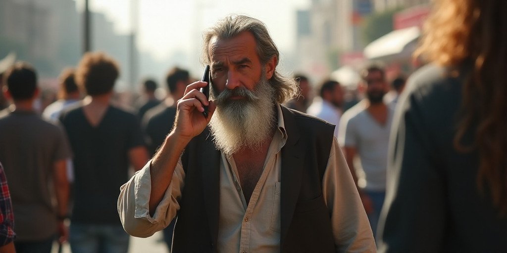 a man with a long beard and a white beard is talking on a cell phone while walking in a crowd, Ahmed