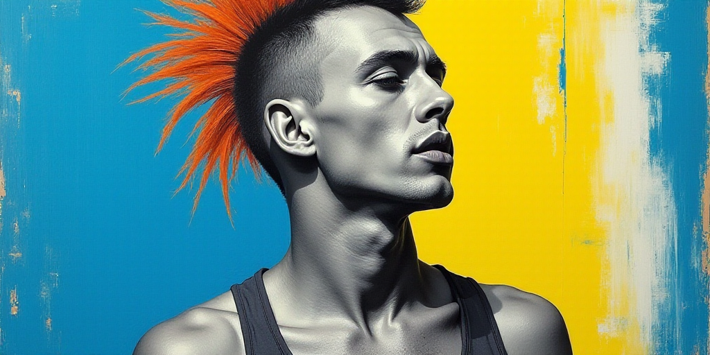 a man with a mohawk standing in front of a blue and yellow background with a black and white photo,
