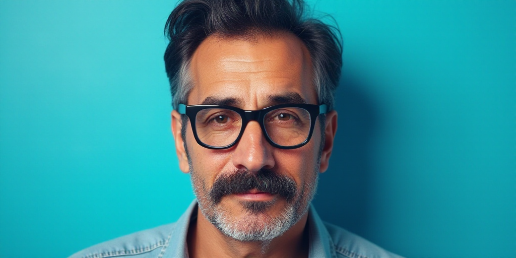 a man with a mustache and glasses on a blue background with the caption of a photo of a man with a m