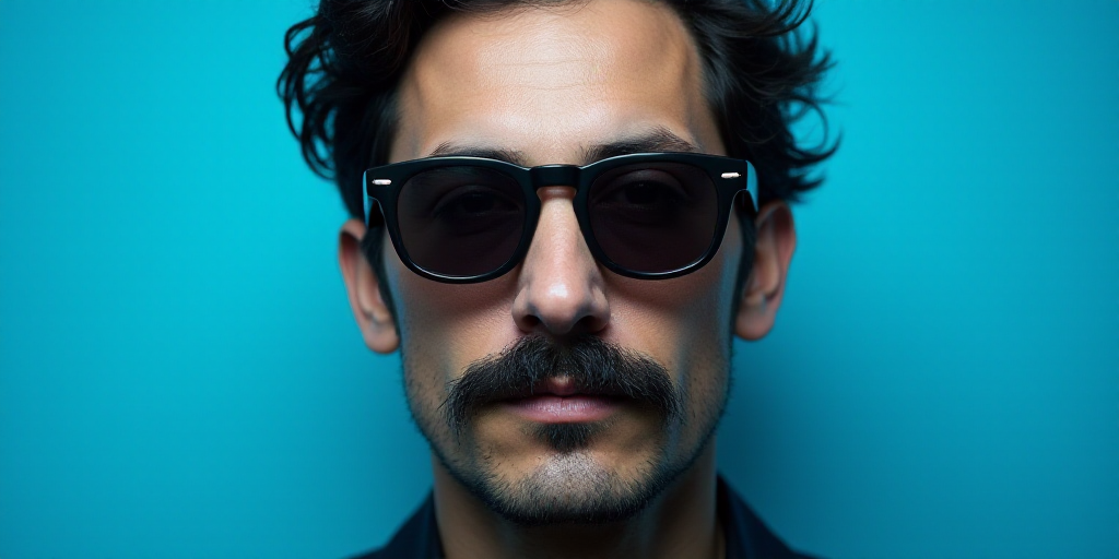a man with a mustache and glasses is in front of a blue background with a black and white photo, Cá