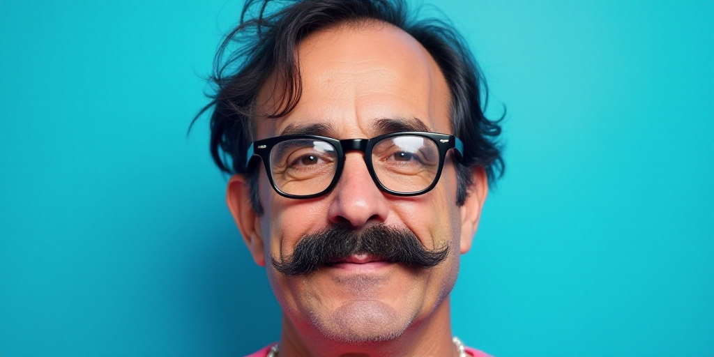 a man with a mustache and glasses on a blue background with the caption of a photo of a man with a m
