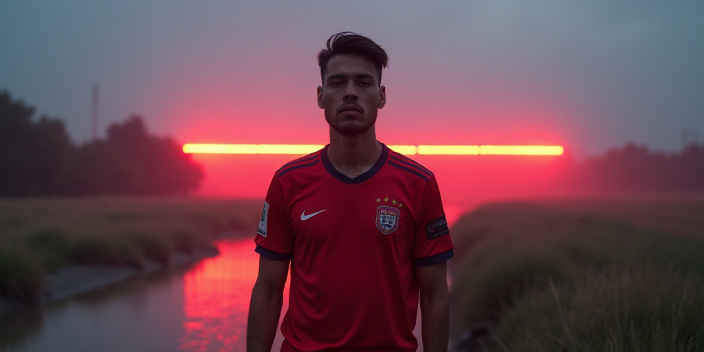 a man with a soccer jersey on standing in a field with a red light in the background and a red light
