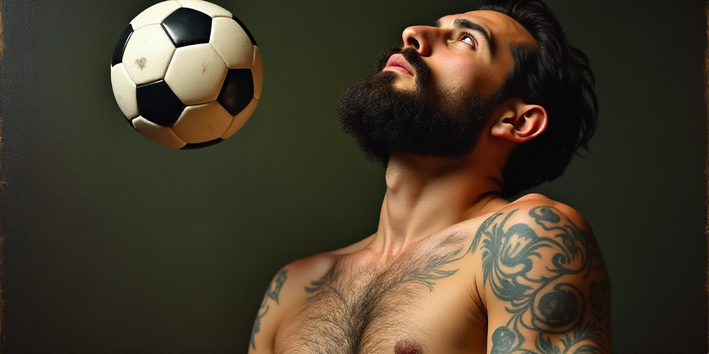 a man with a tattoo on his arm looking up at a soccer ball in the air with his head in the air, Fran