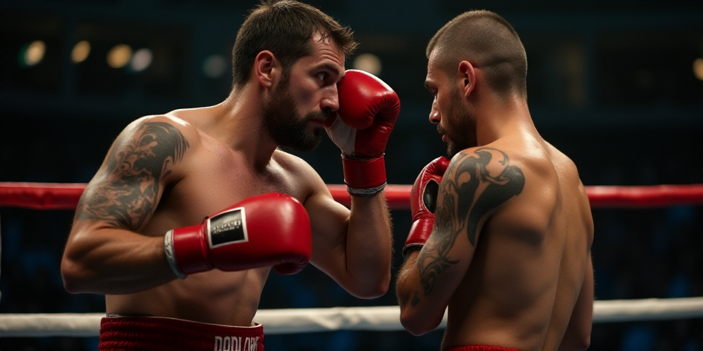 a man with a tattoo on his arm and a man with a red boxing glove on his head in a boxing ring, Dimit