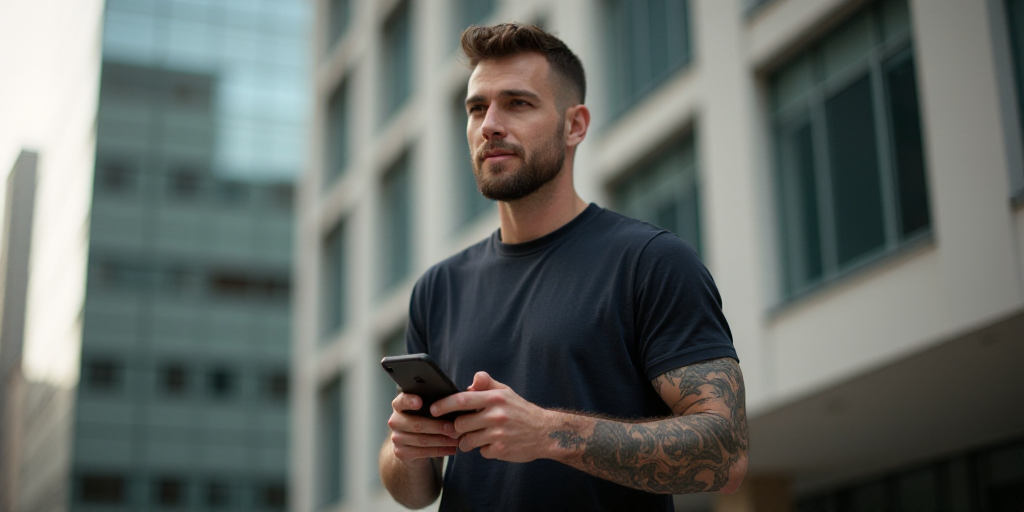 a man with a tattoo on his arm holding a cell phone in his hand and a building in the background, Do