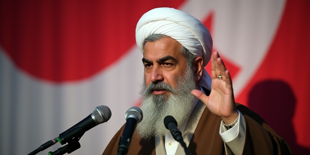 a man with a white beard and a white turban speaking into microphones with a red and white flag behi