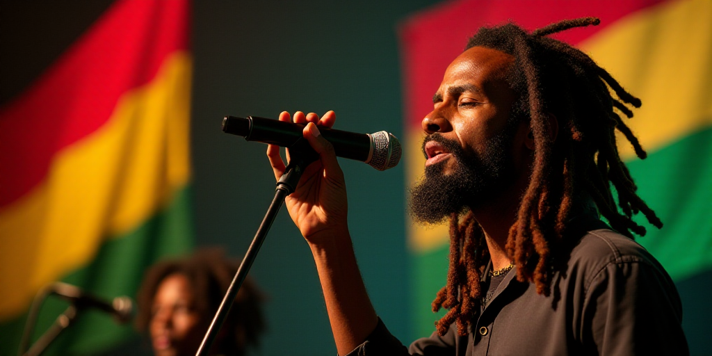a man with dreadlocks on his head singing into a microphone at a concert with a flag in the backgrou