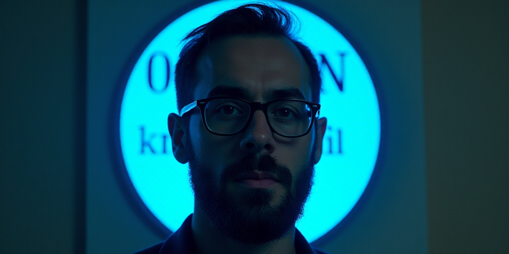 a man with glasses and a beard in a blue circle with the words opinion on it, oscar flores, Edward O