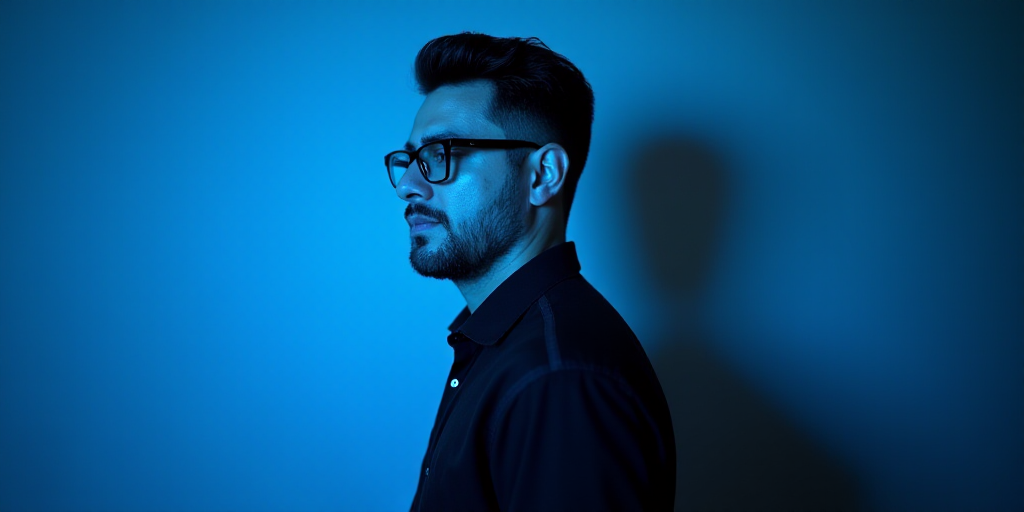 a man with glasses and a black shirt on a blue background with a black and white photo of him, Carlo