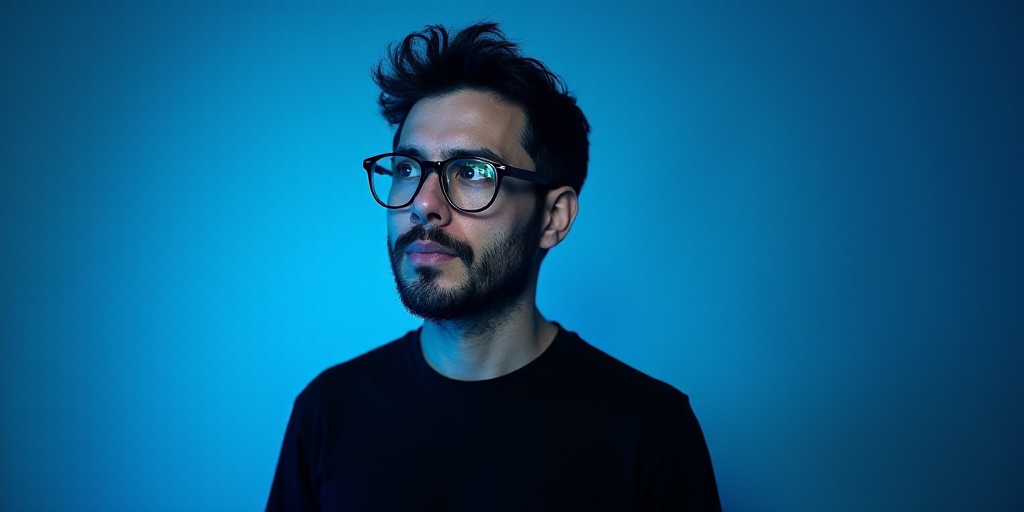 a man with glasses and a black shirt on a blue background with a black and white photo of him, Carlo