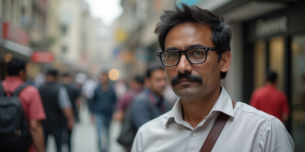 a man with glasses and a mustache standing in front of a building with people in the background and