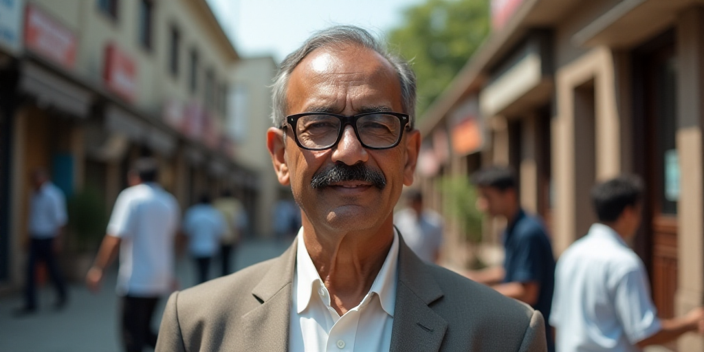 a man with glasses and a mustache standing in front of a building with people in the background and