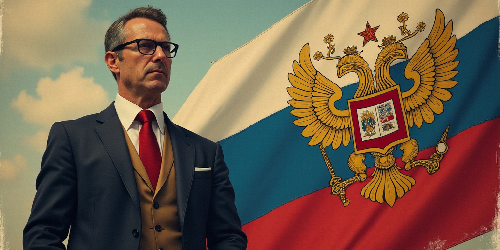 a man with glasses and a tie standing next to a flag with a picture of a man on it, Charles Roka, za