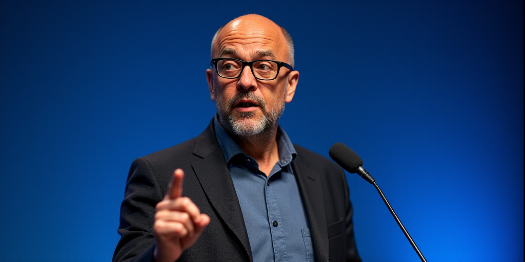 a man with glasses is making a point with his finger while standing in front of a blue background an