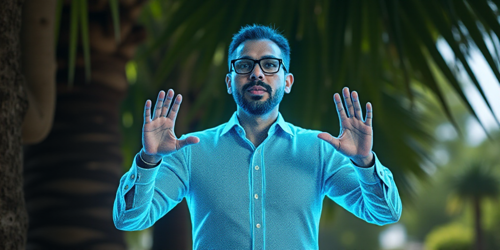 a man with glasses is making a gesture with his hands while standing in front of a tree and a palm t