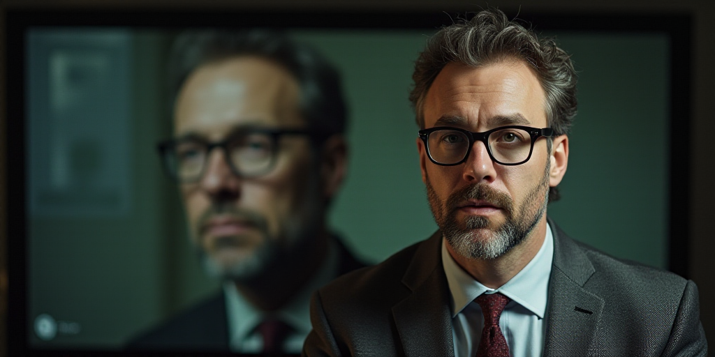 a man with glasses is on a television screen with a picture of a man in a shirt and tie, Arthur B. C