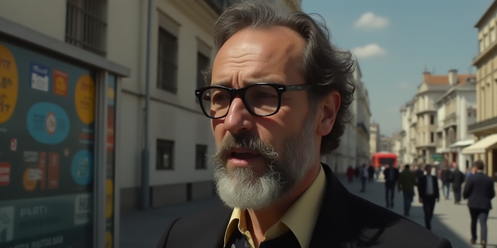 a man with glasses is talking to the camera with a background of other signs and a building in the b