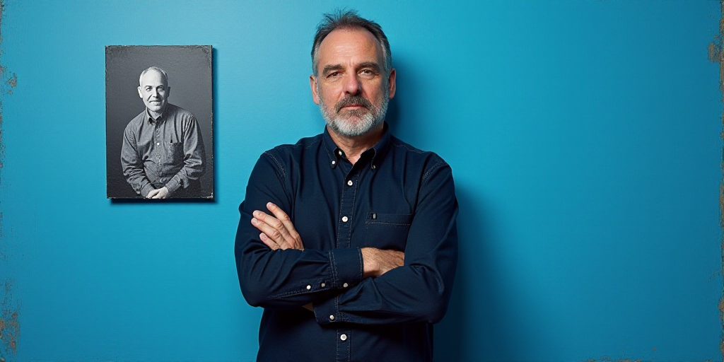 a man with his arms crossed standing in front of a blue background with a black and white photo of h