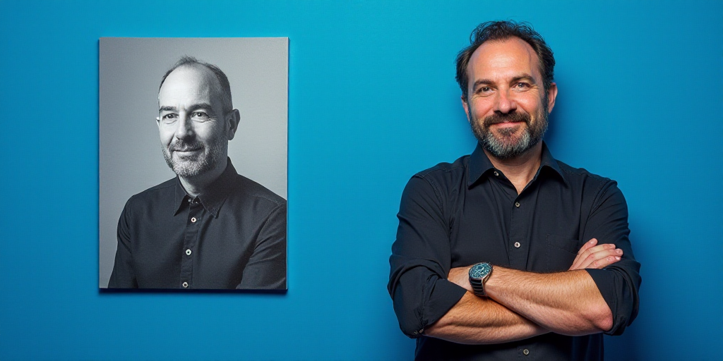 a man with his arms crossed standing in front of a blue background with a black and white photo of h